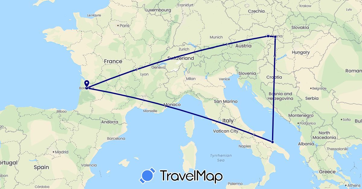TravelMap itinerary: driving in Austria, France, Italy, Slovakia (Europe)